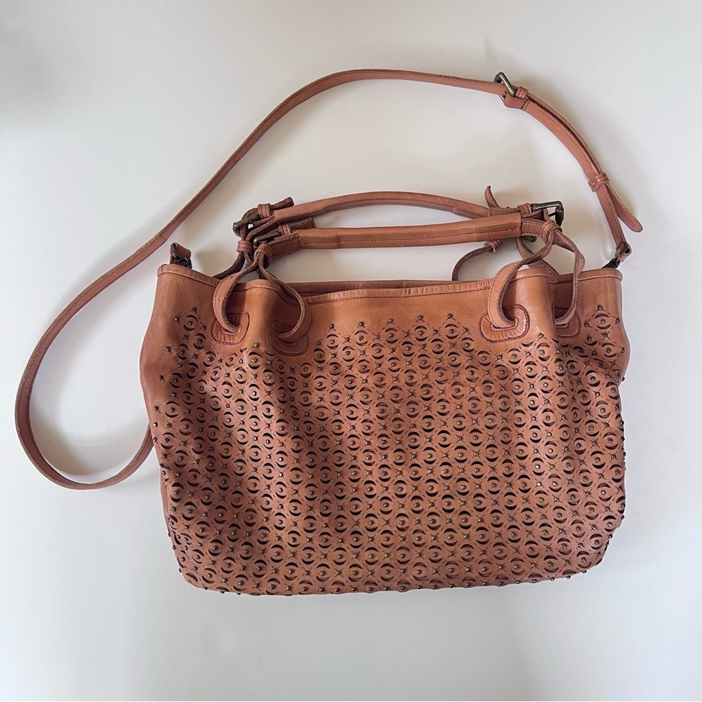 Platania Italy Leather Tote/Handbag Crossbody Purse Studded Cutout Cogna…